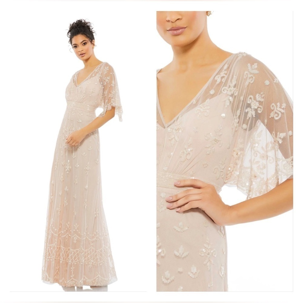 Mac Duggal 9144 NWOT V Neck Flounce Sleeve Embellished Mesh Gown in Blush